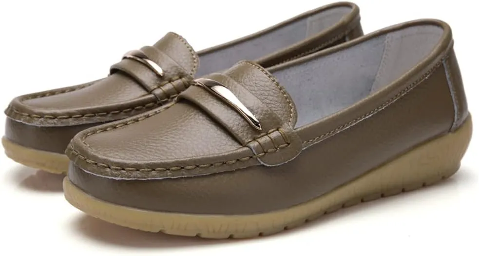 WERWAES Casual Penny Loafers for Women Moccasins Comfort Leather Mental Chain Classic Slip on Flats Breathable Walking Office Outdoor Womens Loafers