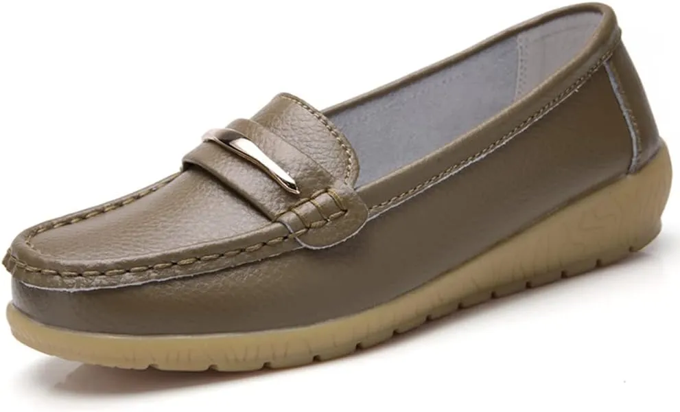 WERWAES Casual Penny Loafers for Women Moccasins Comfort Leather Mental Chain Classic Slip on Flats Breathable Walking Office Outdoor Womens Loafers