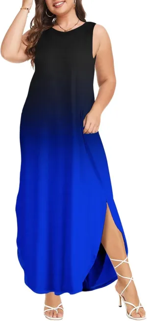 Wolddress Womens 2025 Plus Size Sleeveless Tank Dress Casual Loose Sundress Split Summer Beach Long Maxi Dresses with Pockets
