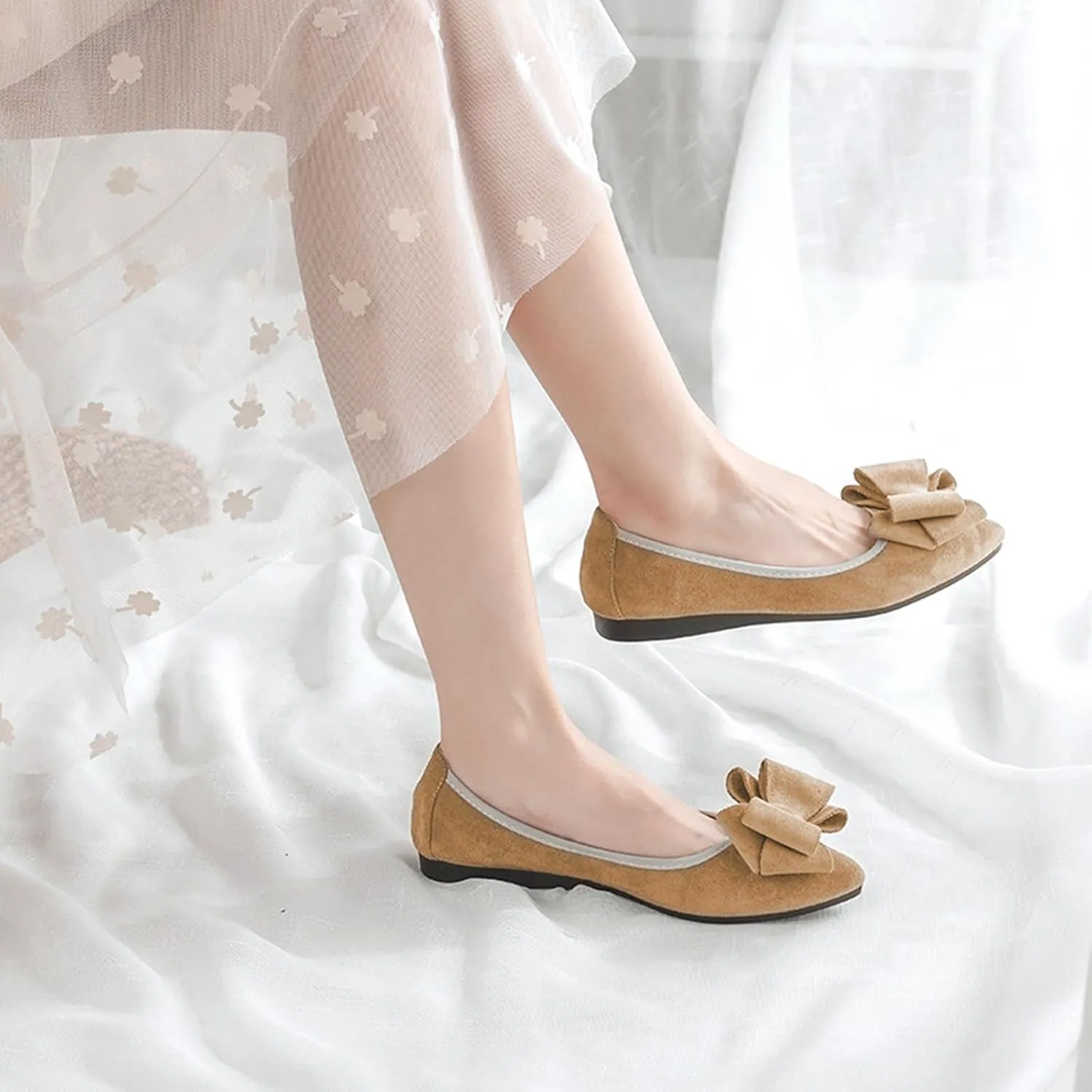 Women Ballet Flats Fashion Bowknot Suede Comfort Pointed Toe Slip On Dress Shoes