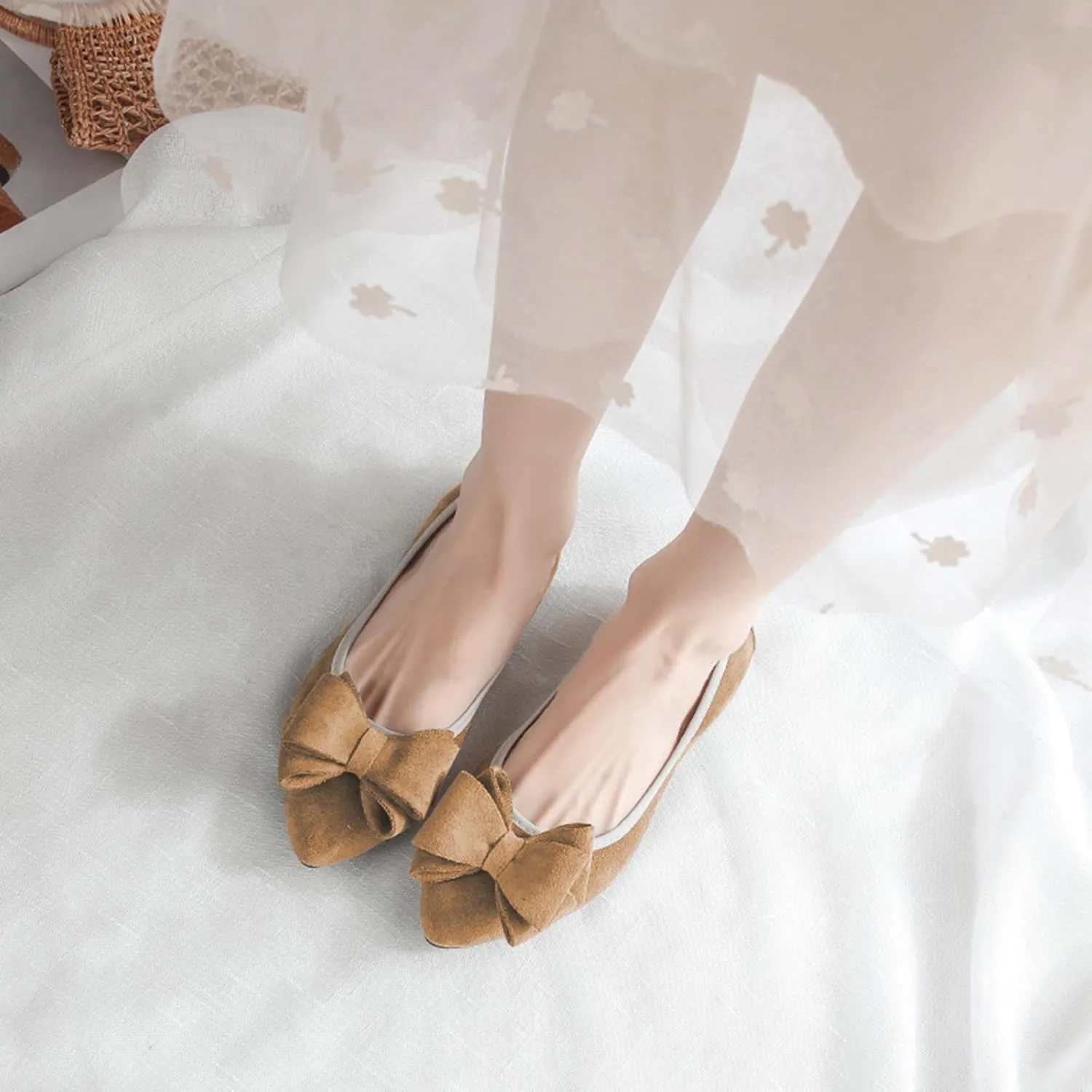 Women Ballet Flats Fashion Bowknot Suede Comfort Pointed Toe Slip On Dress Shoes