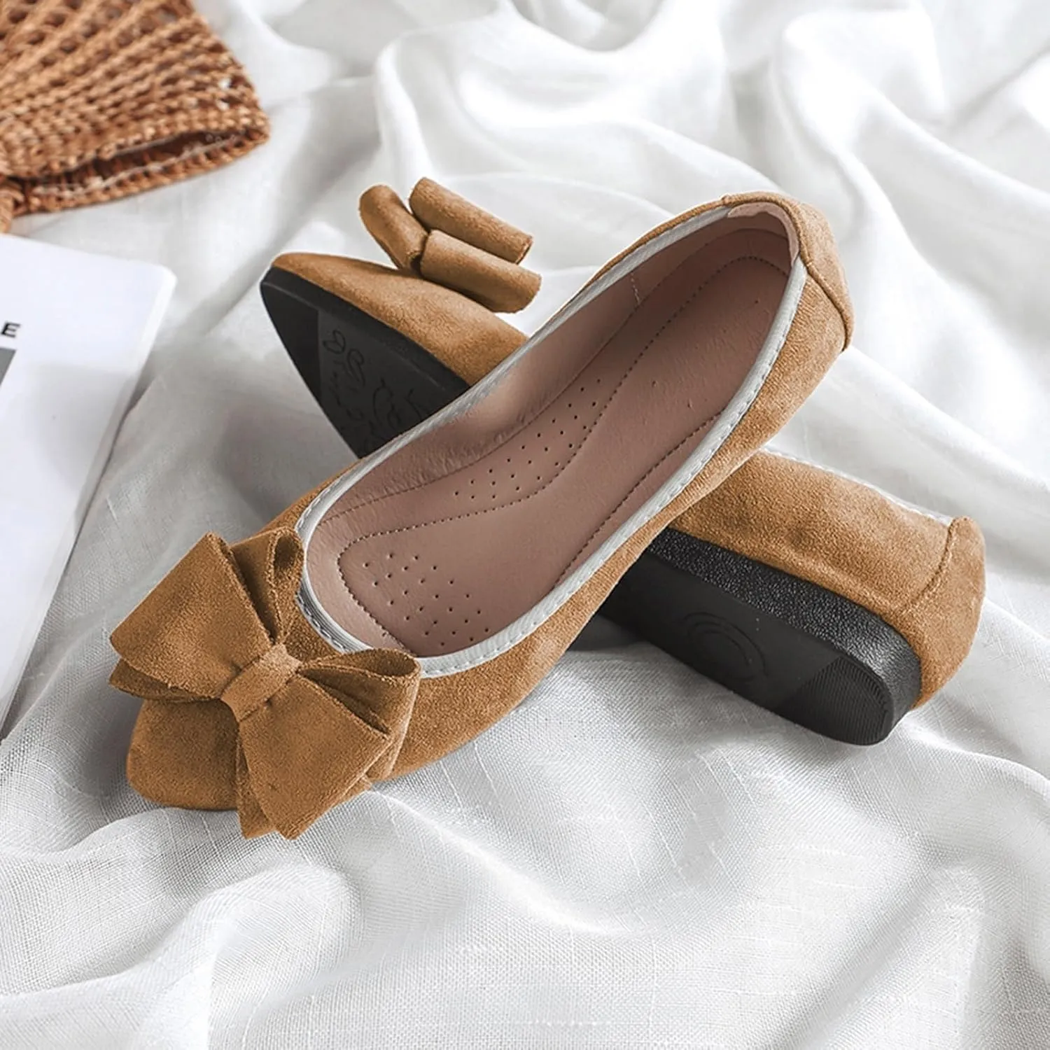 Women Ballet Flats Fashion Bowknot Suede Comfort Pointed Toe Slip On Dress Shoes
