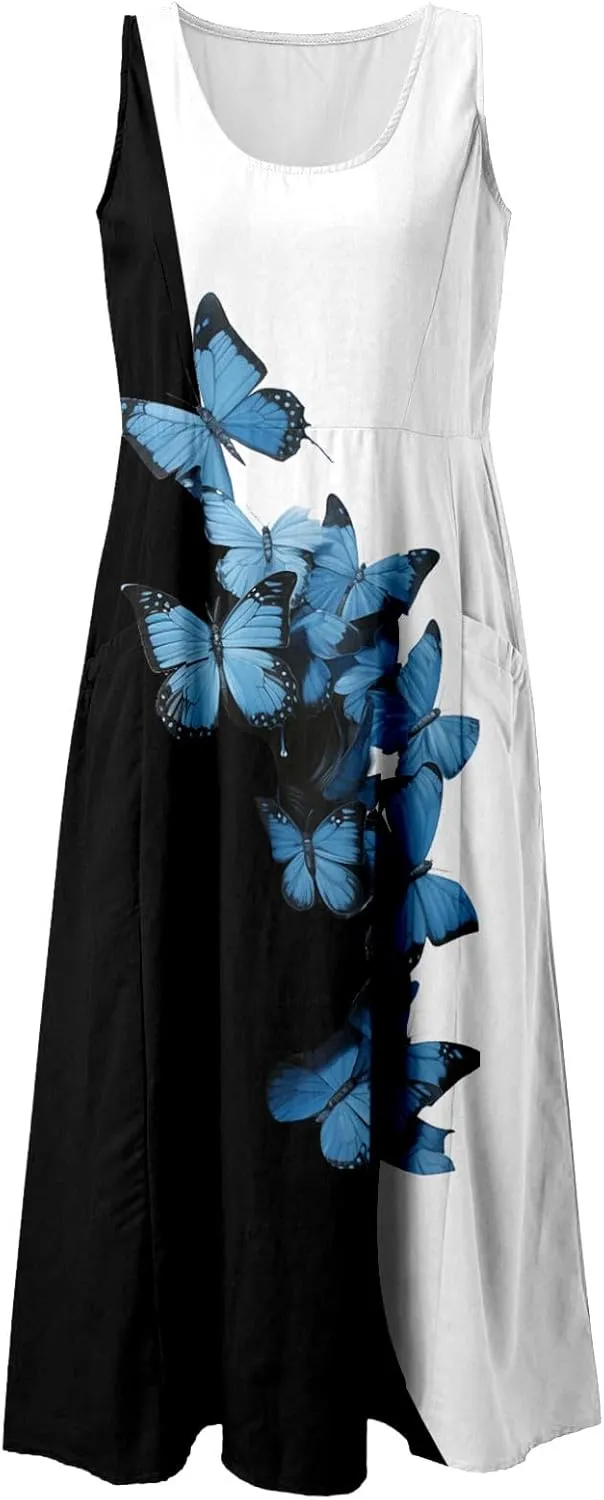 Women Casual Summer Dresses Floral Colorful Printed Sleeveless Maxi Dress Beach Party Maxi Dresses with Pockets