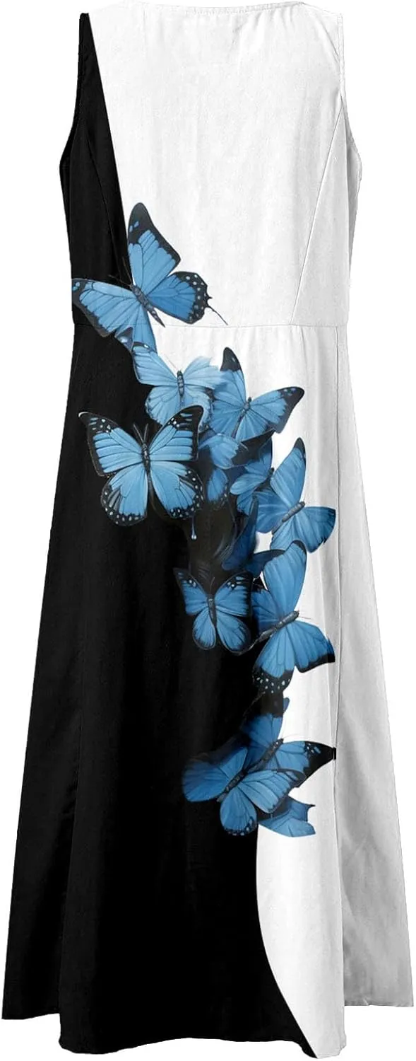 Women Casual Summer Dresses Floral Colorful Printed Sleeveless Maxi Dress Beach Party Maxi Dresses with Pockets