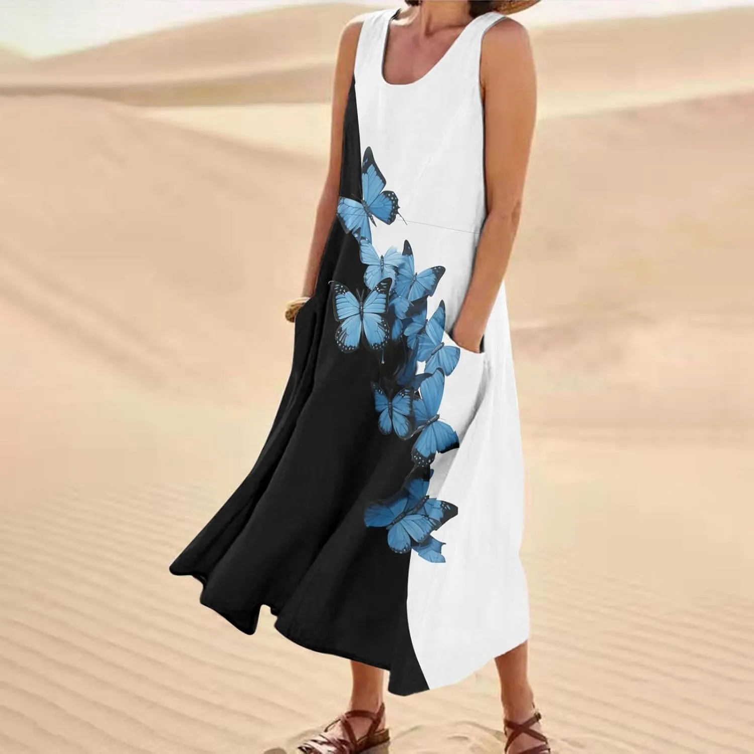 Women Casual Summer Dresses Floral Colorful Printed Sleeveless Maxi Dress Beach Party Maxi Dresses with Pockets