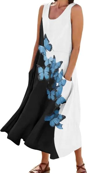 Women Casual Summer Dresses Floral Colorful Printed Sleeveless Maxi Dress Beach Party Maxi Dresses with Pockets