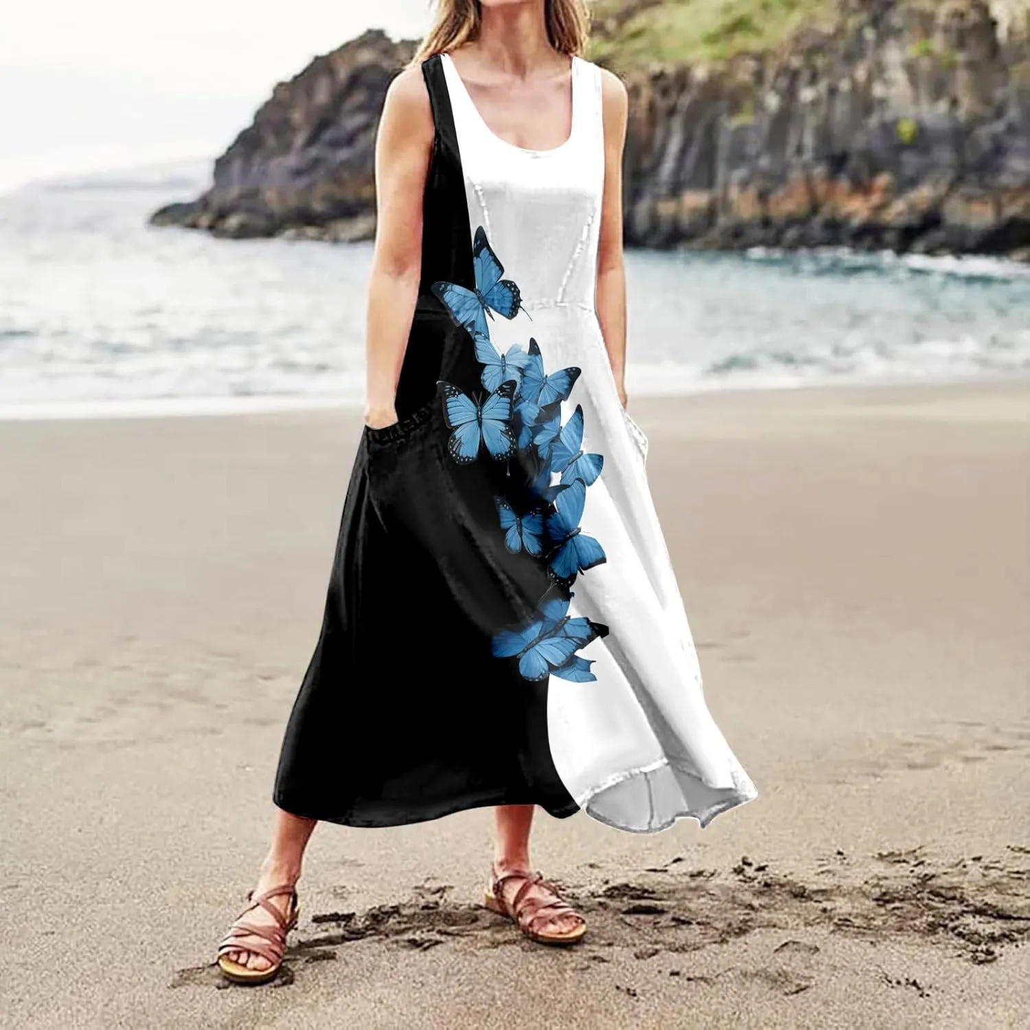 Women Casual Summer Dresses Floral Colorful Printed Sleeveless Maxi Dress Beach Party Maxi Dresses with Pockets