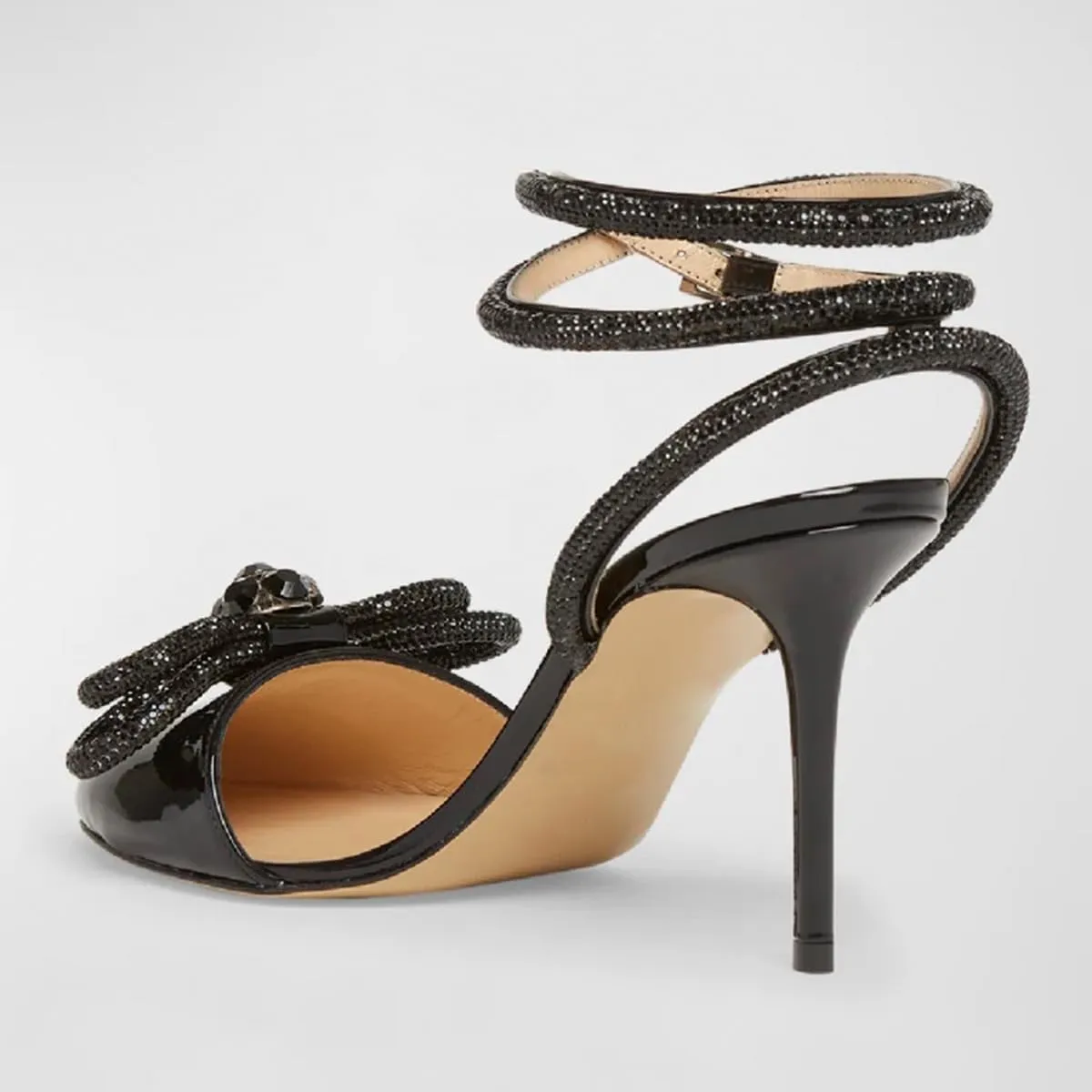 Women Gorgeous Bow Rhinestone Strappy Thin High Heel Sandals Glossy Round Toe Crossed Ankle Strap Wedding Evening Dress Pumps Size 4-16 US