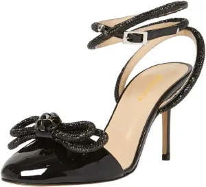 Women Gorgeous Bow Rhinestone Strappy Thin High Heel Sandals Glossy Round Toe Crossed Ankle Strap Wedding Evening Dress Pumps Size 4-16 US