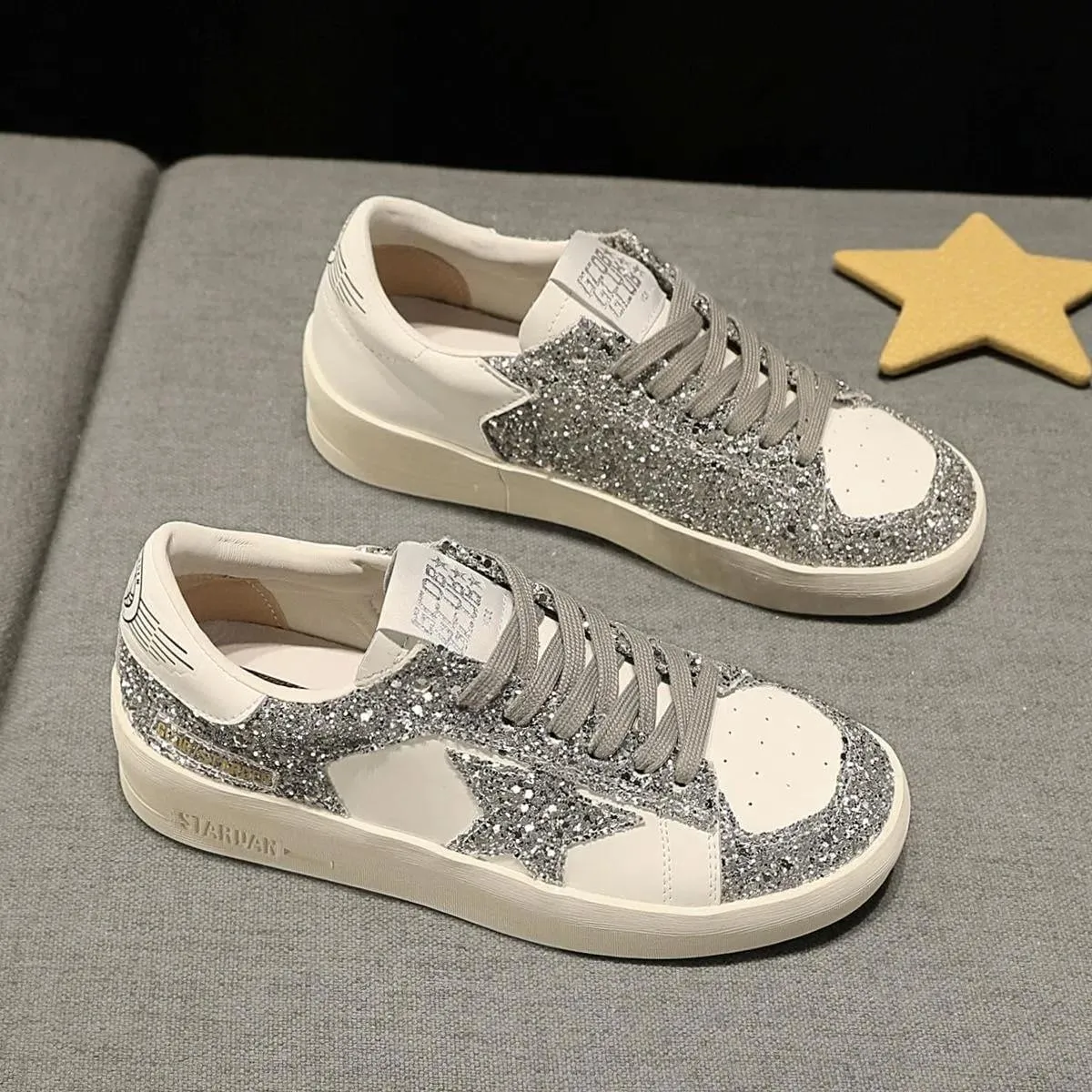 Women Retro Flat Sneakers, Y2k Star Patch, Silver Glitter Shining Shoes, Korean Style Teens Streetwear Lightweight Flat