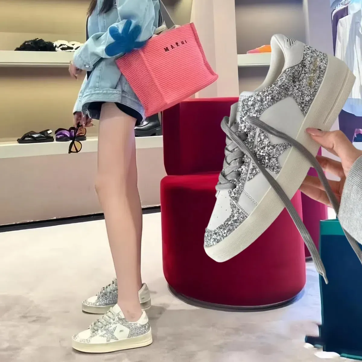 Women Retro Flat Sneakers, Y2k Star Patch, Silver Glitter Shining Shoes, Korean Style Teens Streetwear Lightweight Flat