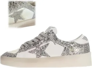 Women Retro Flat Sneakers, Y2k Star Patch, Silver Glitter Shining Shoes, Korean Style Teens Streetwear Lightweight Flat