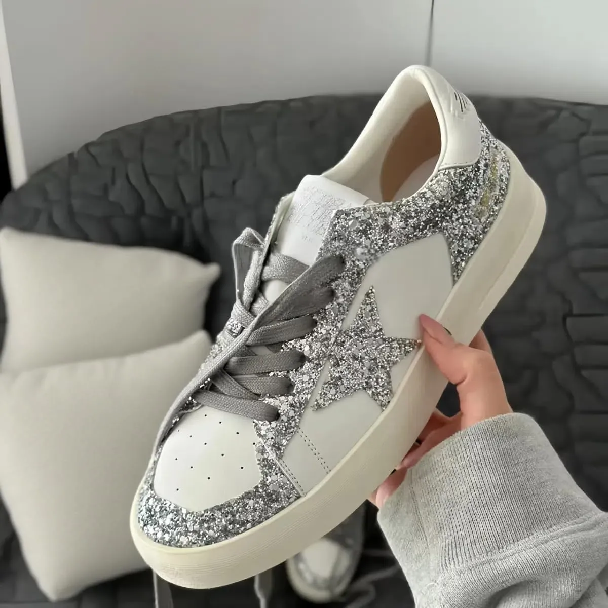Women Retro Flat Sneakers, Y2k Star Patch, Silver Glitter Shining Shoes, Korean Style Teens Streetwear Lightweight Flat