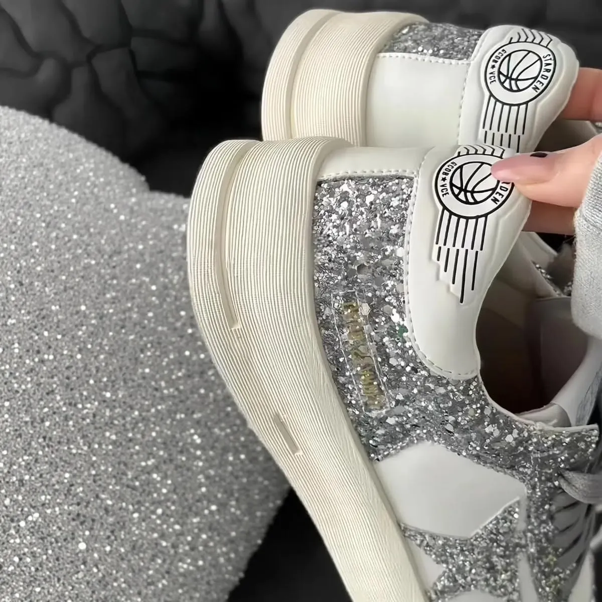 Women Retro Flat Sneakers, Y2k Star Patch, Silver Glitter Shining Shoes, Korean Style Teens Streetwear Lightweight Flat