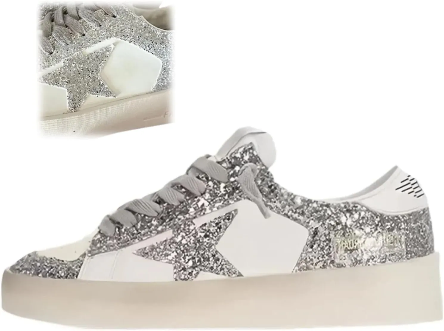 Women Retro Flat Sneakers, Y2k Star Patch, Silver Glitter Shining Shoes, Korean Style Teens Streetwear Lightweight Flat