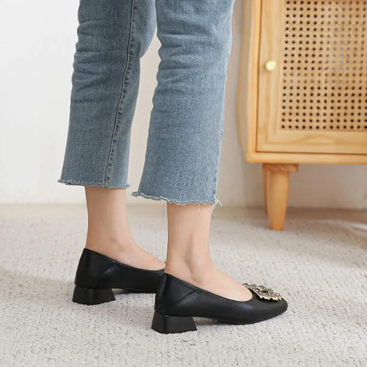 Women Rhinestone Square Buckle Pumps Closed Toe Casual Low Block Heel Slip On Office Dress Shoes