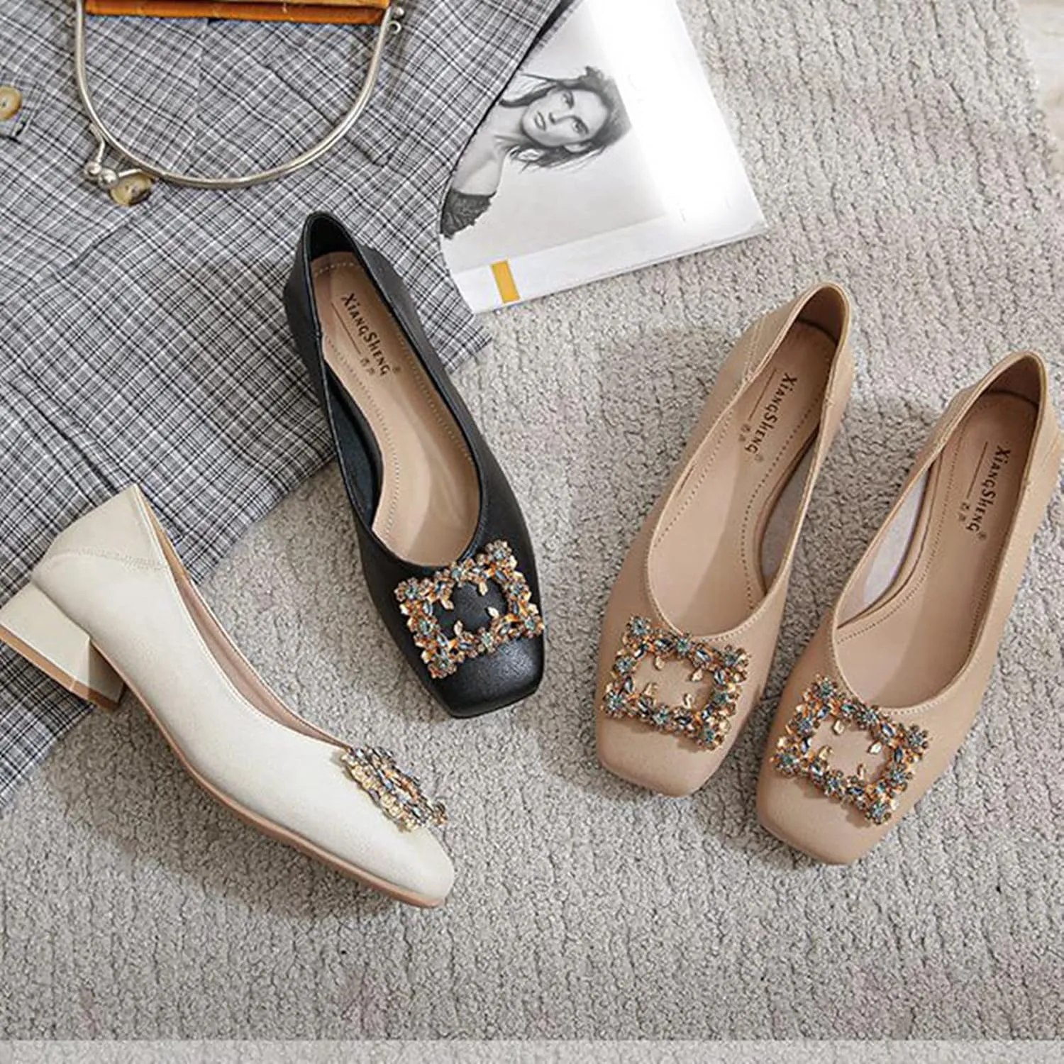 Women Rhinestone Square Buckle Pumps Closed Toe Casual Low Block Heel Slip On Office Dress Shoes