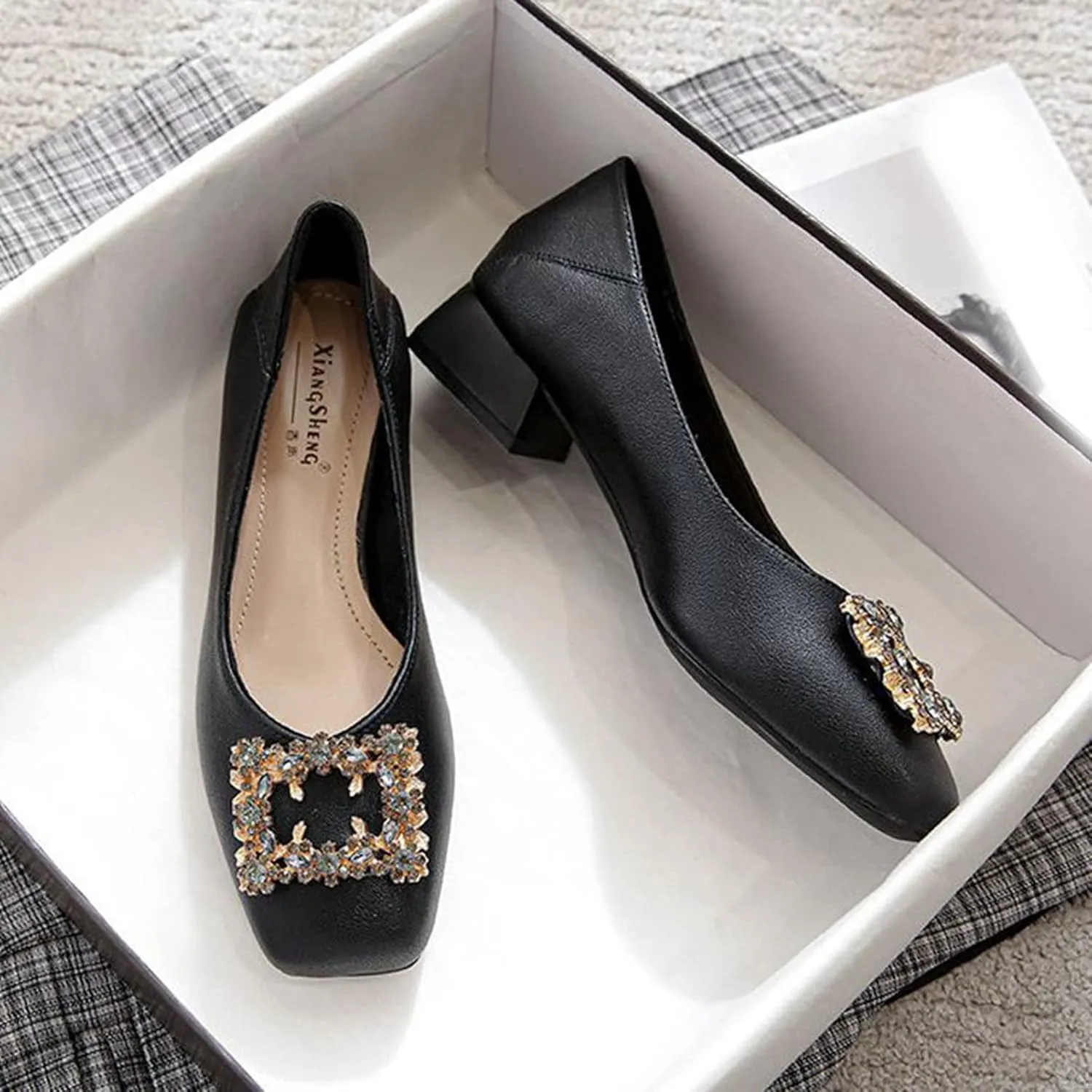 Women Rhinestone Square Buckle Pumps Closed Toe Casual Low Block Heel Slip On Office Dress Shoes