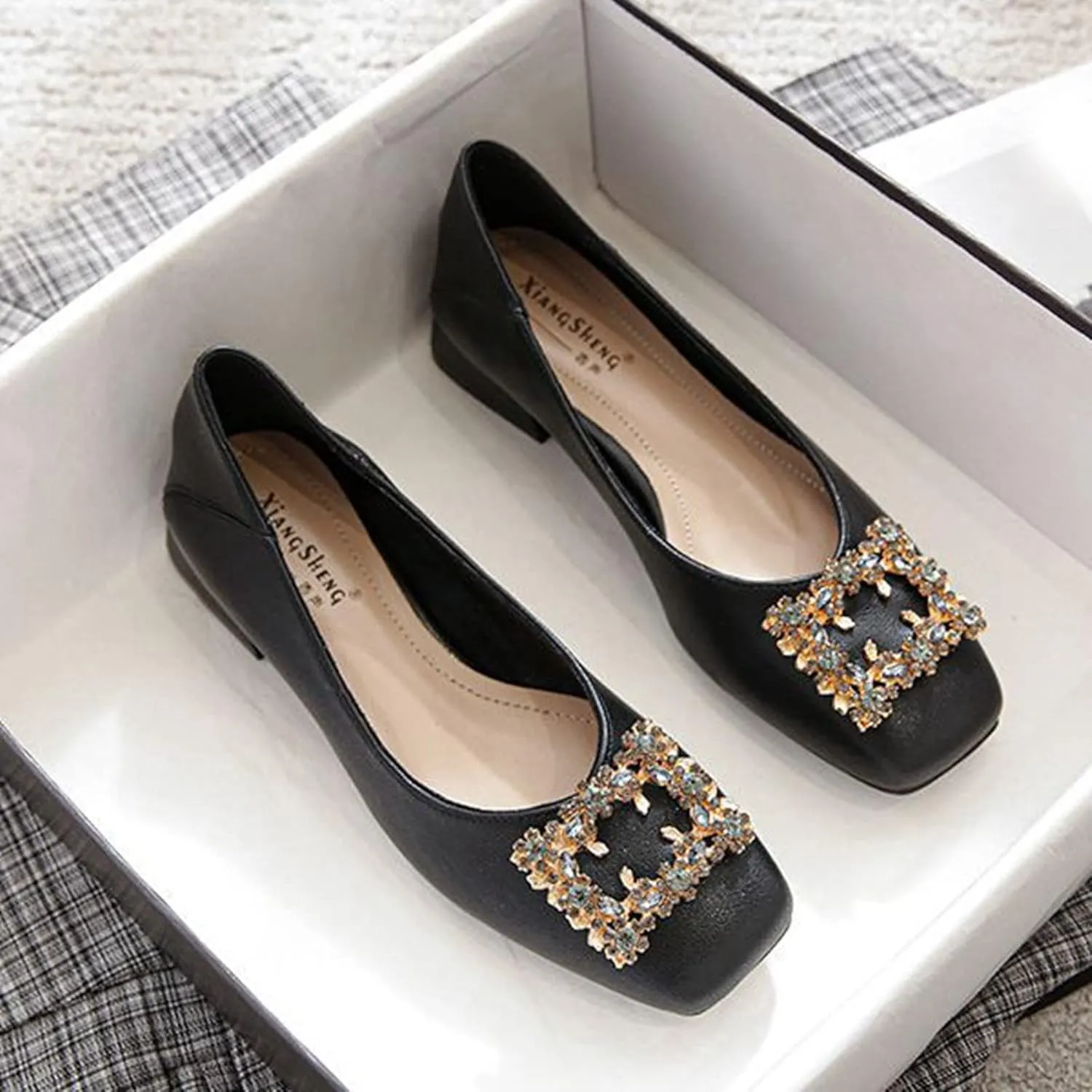 Women Rhinestone Square Buckle Pumps Closed Toe Casual Low Block Heel Slip On Office Dress Shoes