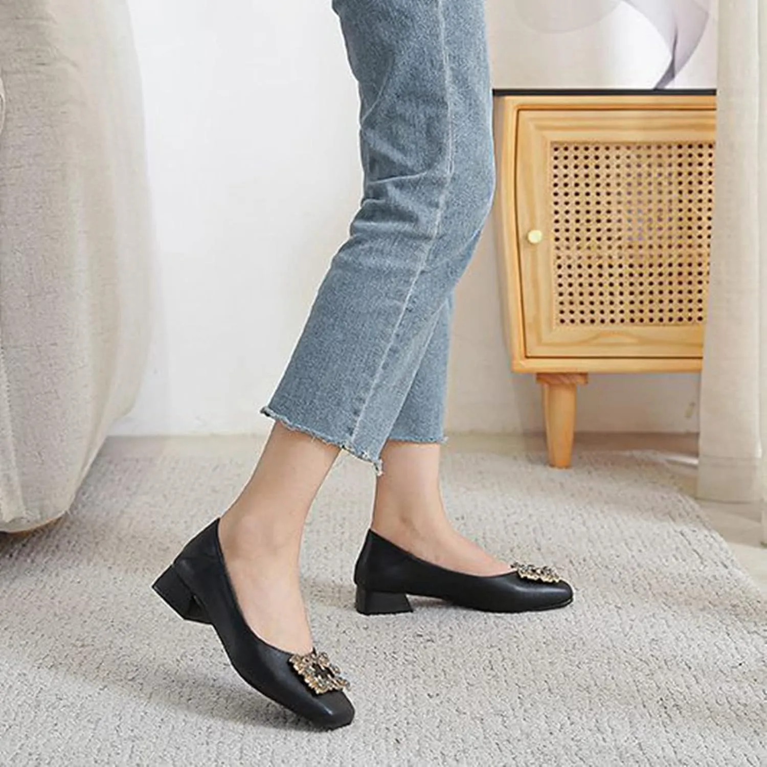 Women Rhinestone Square Buckle Pumps Closed Toe Casual Low Block Heel Slip On Office Dress Shoes