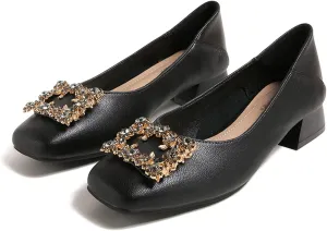Women Rhinestone Square Buckle Pumps Closed Toe Casual Low Block Heel Slip On Office Dress Shoes