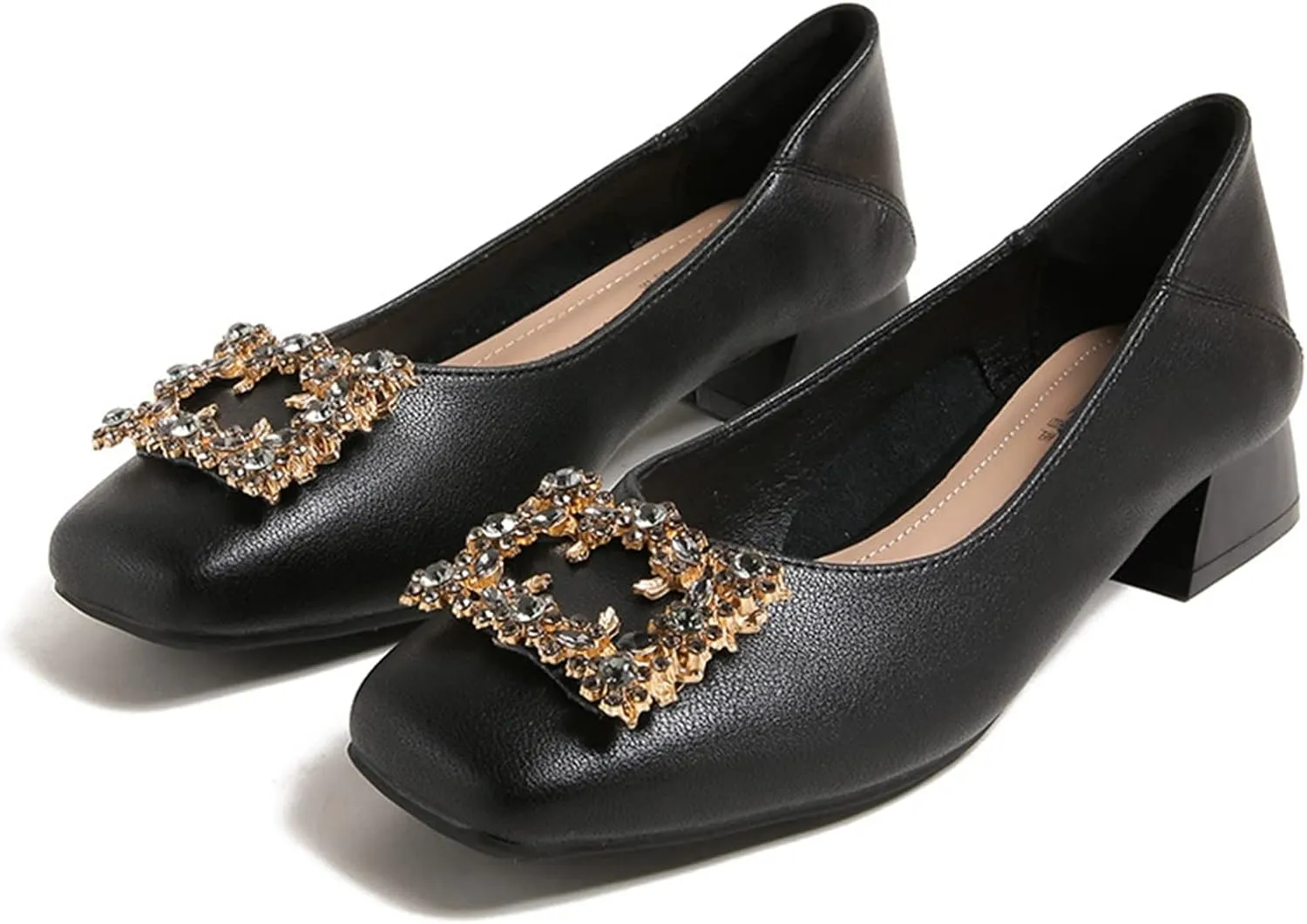 Women Rhinestone Square Buckle Pumps Closed Toe Casual Low Block Heel Slip On Office Dress Shoes