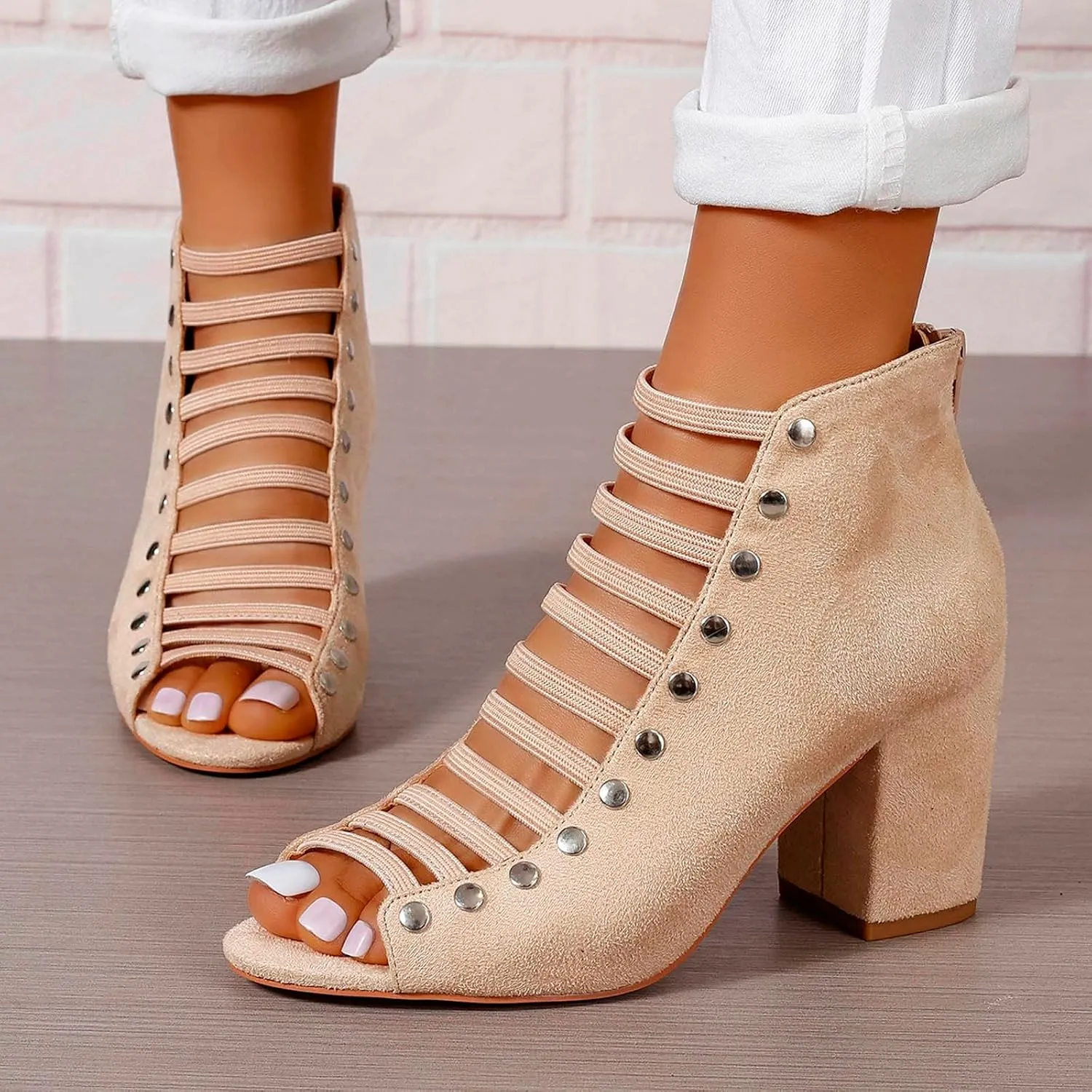Women Toe Suede Sandals Back Zipper Cutout Sandals Chunky High Heel Ankle Strap Womens Dress High Heels 13 Wide
