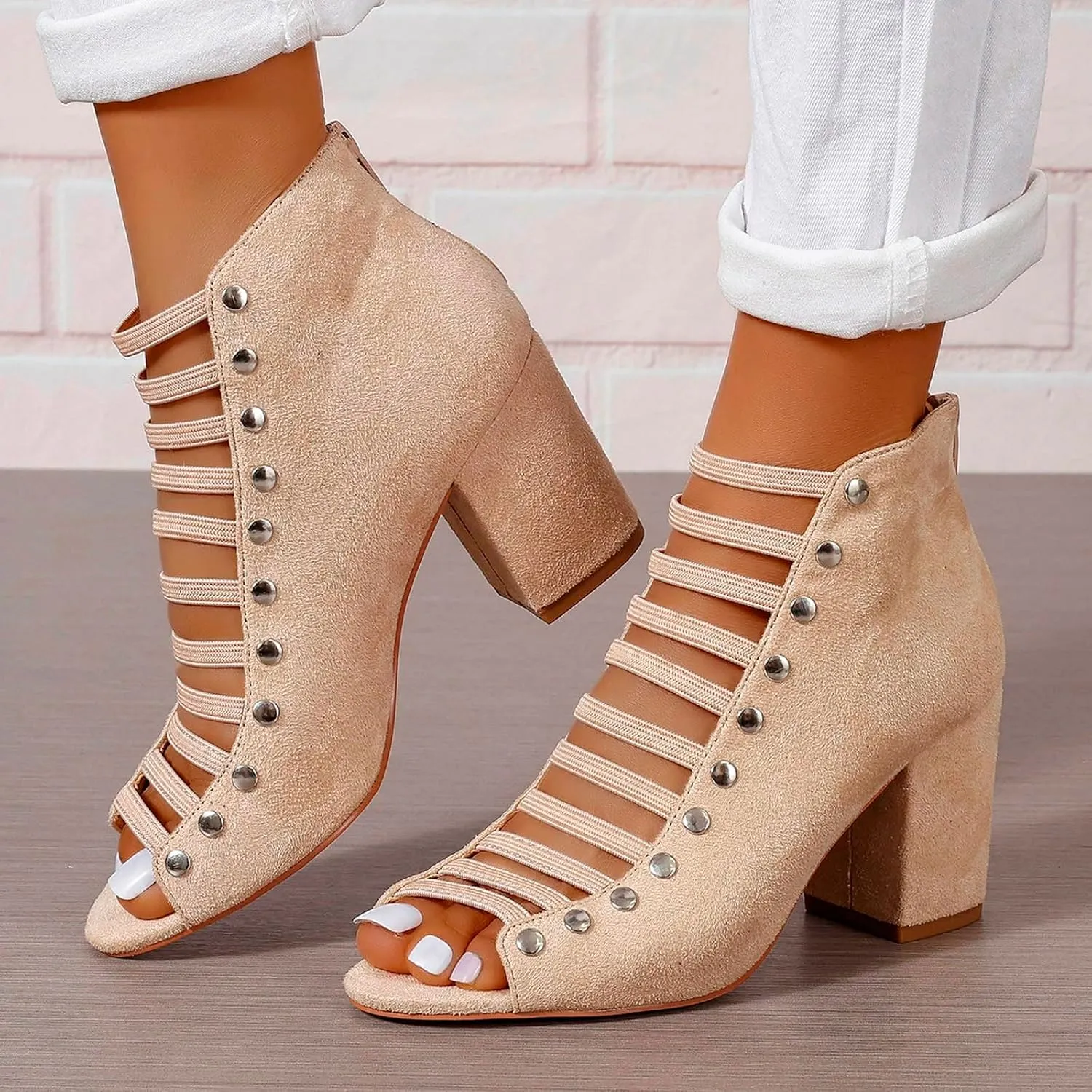 Women Toe Suede Sandals Back Zipper Cutout Sandals Chunky High Heel Ankle Strap Womens Dress High Heels 13 Wide