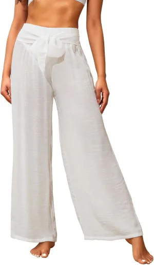 Women's Beach Cover Up Pants Mesh Wide Leg Loose Tie Front Elastic High Waist Bathing Suit Beach Pants