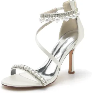 Women's Bridal Shoes Open Toe High Heel Ankle Strap Dress Shoes Casual Formal Wedding Party Pumps Sandals with Pearl