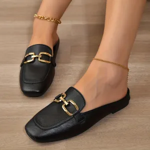 Women's Casual Square Toe Flats, Solid Color Lightweight Slip-On Mules with Sequin Detail, All-Season Comfort Shoes, Man-Made