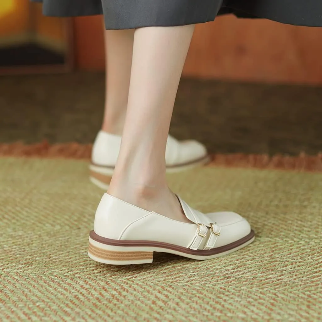 Women's Classic Buckle Slip On Penny Loafers Flats Square Toe Leather Business Dress Oxford Shoes