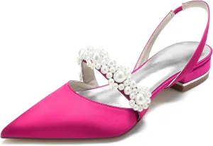 Women's Closed Toe Satin Pearl Wedding Flats Slingback Flats for Bride Prom Evening Bridal Party Dress Flats