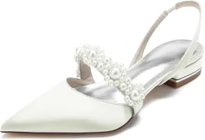 Women's Closed Toe Satin Pearl Wedding Flats Slingback Flats for Bride Prom Evening Bridal Party Dress Flats