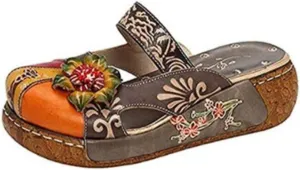 Women's Colorful Leather Slipper Vintage Flower Sandals Boho Slippers Platform Flat Backless Sandals for Women