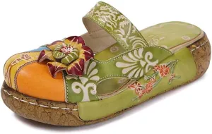 Women's Colorful Leather Slipper Vintage Flower Sandals Boho Slippers Platform Flat Backless Sandals for Women