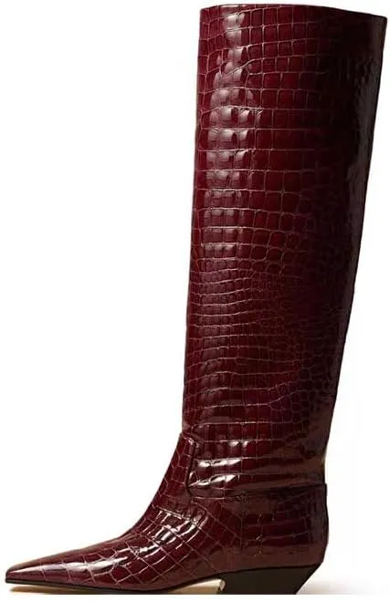 Women's Croc Knee High Boots Chunky Low Heel Pointed Toe Leather Riding Boots Tall Boots Wide Calf High Boots Pull On Faux Crocodile Boots