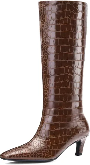 Women's Crocodile Knee Boots Square Toe Kitten Heel Slip On Wide Leg Boots Summer Breathable Suitable For Party Date Work