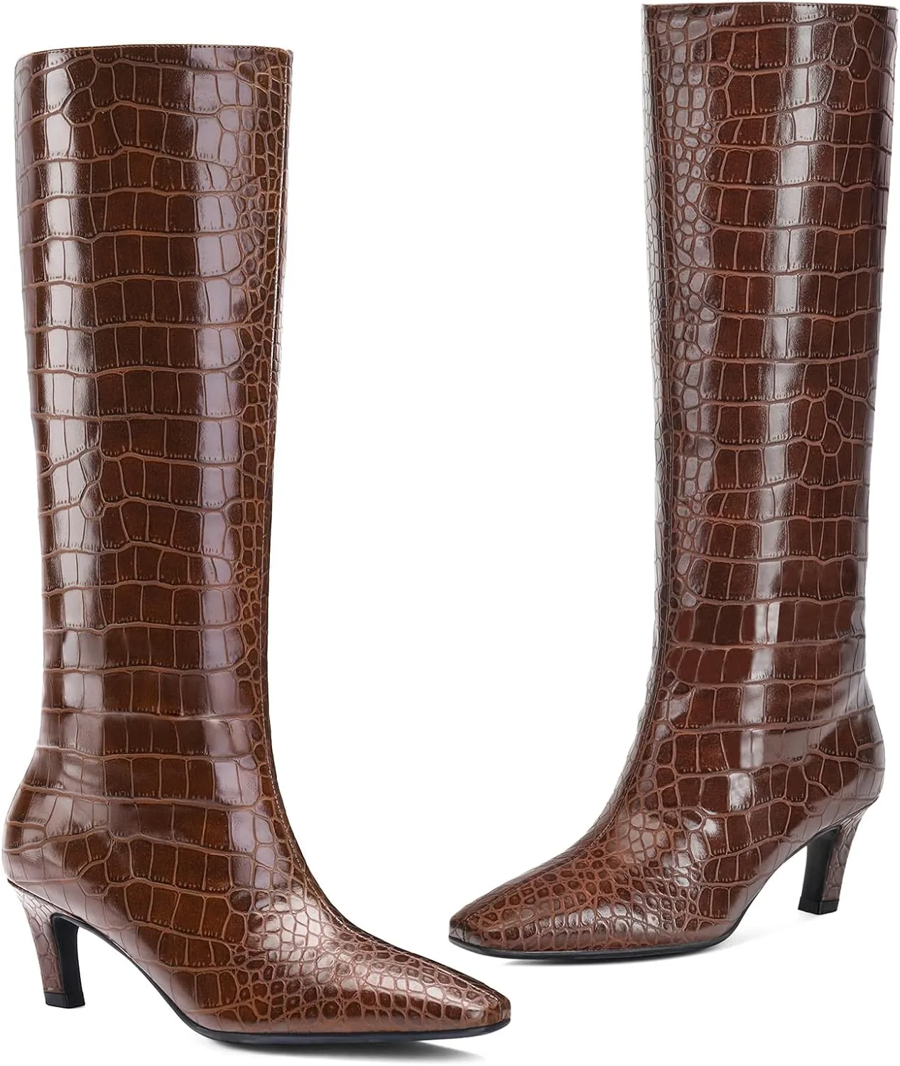 Women's Crocodile Knee Boots Square Toe Kitten Heel Slip On Wide Leg Boots Summer Breathable Suitable For Party Date Work
