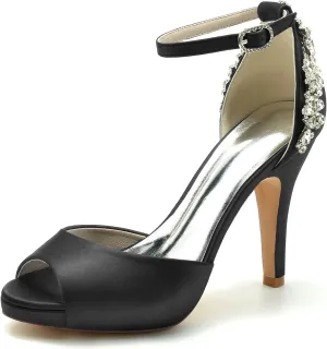 Women's Crystal Peep Toe High Heels Satin Wedding Bridal Shoes Rhinestones Sandals Prom Evening Formal Party Dress Pumps