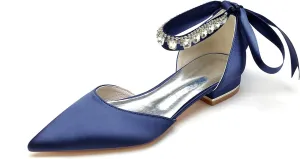 Women's Crystal Pointed Toe Satin Flats Wedding Shoes for Bride Closed Toe Bridal Shoes Ankle Strap Prom Party Dress Pumps with Bow