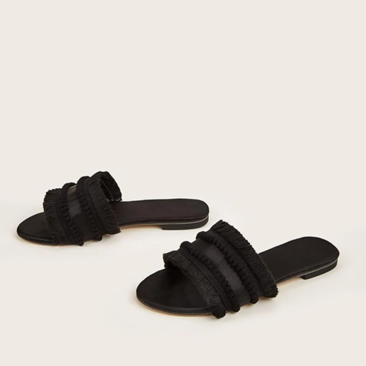 Women's Dressy Sandals Satin Fringe Trim Flats Comfortable Casual Summer Trendy Open Toe Slip on Slides