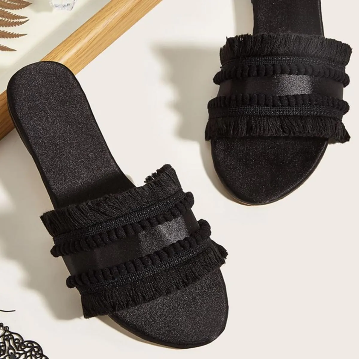 Women's Dressy Sandals Satin Fringe Trim Flats Comfortable Casual Summer Trendy Open Toe Slip on Slides