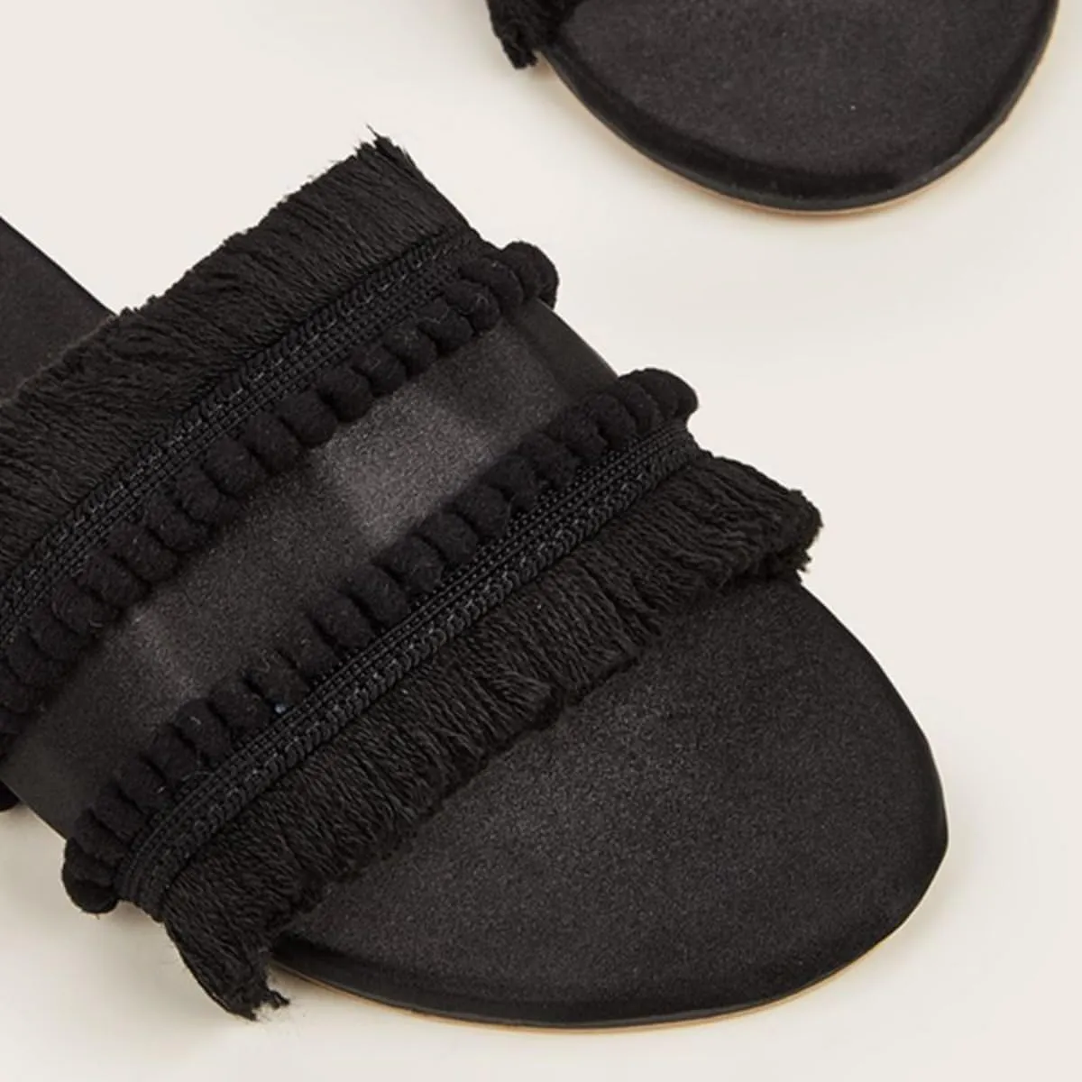 Women's Dressy Sandals Satin Fringe Trim Flats Comfortable Casual Summer Trendy Open Toe Slip on Slides