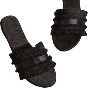 Women's Dressy Sandals Satin Fringe Trim Flats Comfortable Casual Summer Trendy Open Toe Slip on Slides