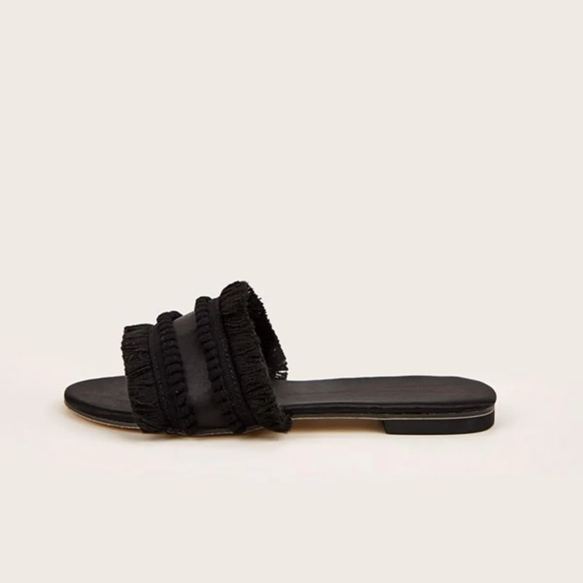Women's Dressy Sandals Satin Fringe Trim Flats Comfortable Casual Summer Trendy Open Toe Slip on Slides
