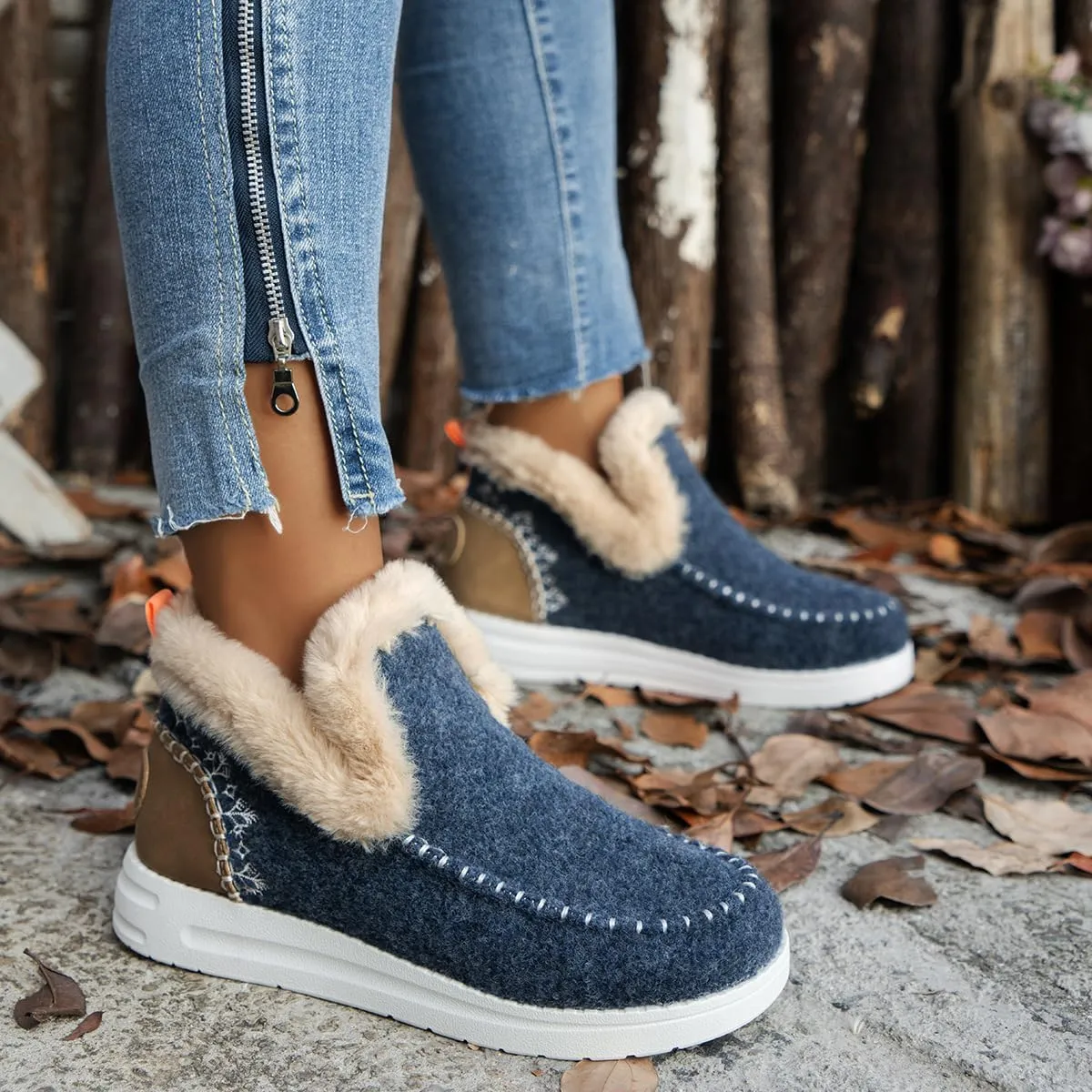 Women's Flat Fluffy Ankle Boots Slip-on Soft Plush Sneakers Fur Lined Warm Cozy Round Toe Thick Sole Casual Cotton Shoe