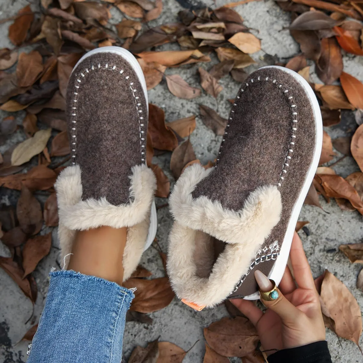 Women's Flat Fluffy Ankle Boots Slip-on Soft Plush Sneakers Fur Lined Warm Cozy Round Toe Thick Sole Casual Cotton Shoe