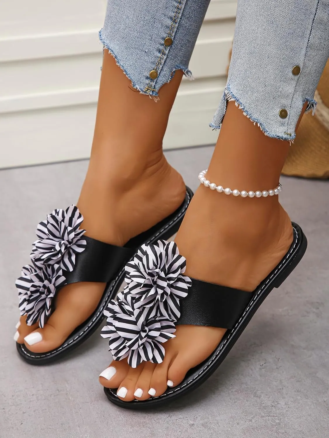 Women's Floral - Embellished Slide & Thong Sandals | Colorful and Stylish Open - Toe Slip-on Easy Wear Summer Footwear for Casual & Beach Adventures