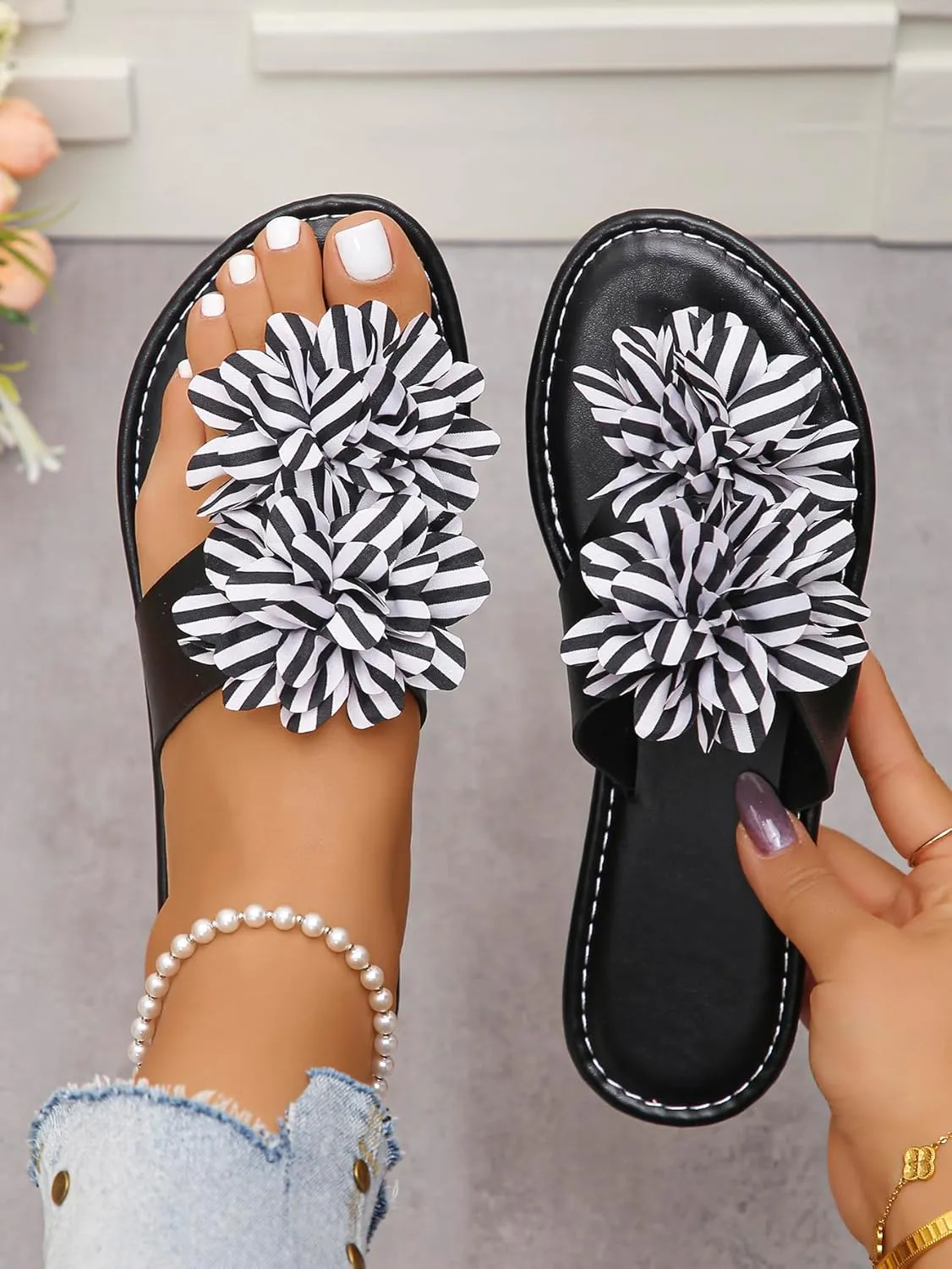 Women's Floral - Embellished Slide & Thong Sandals | Colorful and Stylish Open - Toe Slip-on Easy Wear Summer Footwear for Casual & Beach Adventures